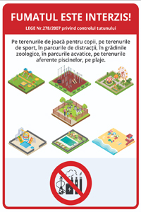 Unde este interzis fumatul? Colecție de infografice explicative, grupate pe categorii de spații și locuri, conform Legii nr. 278/2007 privind controlul tutunului